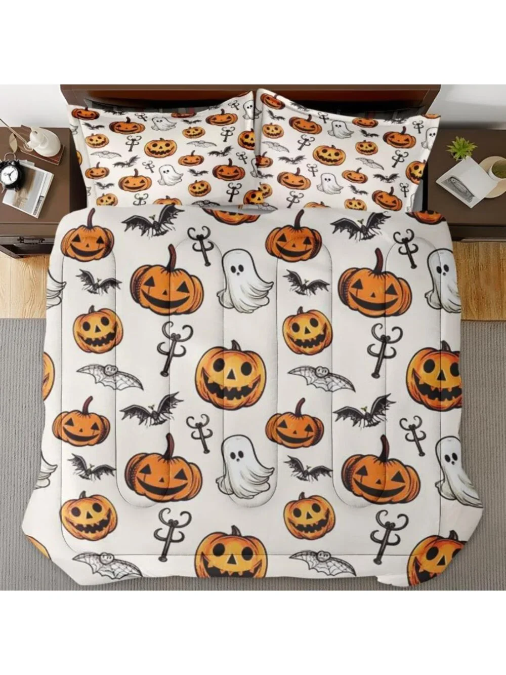 Cozy Queen Comforter Set of 3 - Halloween Pumpkins Bedroom Decor, Fall Theme